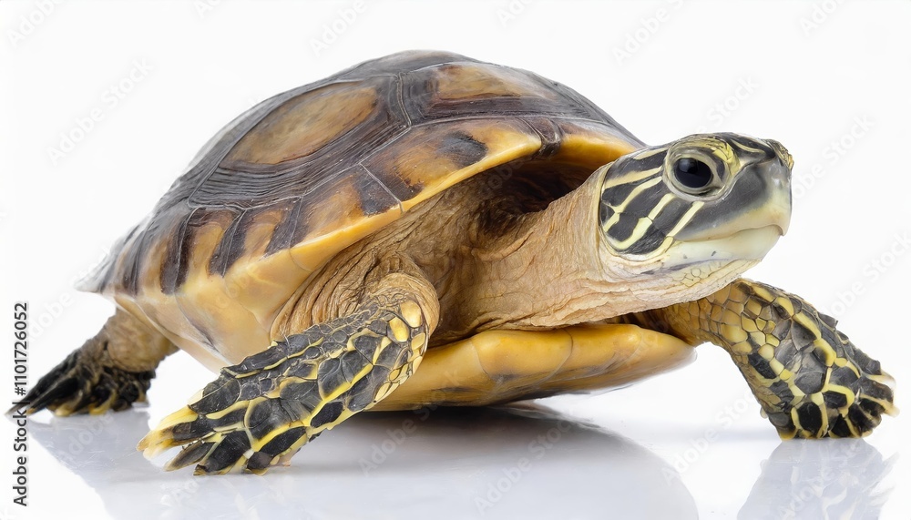 Graceful turtle isolated on a pristine white background, showcasing detailed shell patterns, natural hues, and captivating reptilian features, perfect for nature and wildlife enthusiasts or Graceful turtle isolated on a pristine white background, showcasing detailed shell patterns, natural hues, and captivating reptilian features, perfect for nature and wildlife enthusiasts or