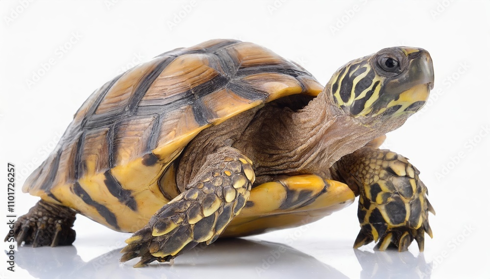 Obraz premium Elegant close-up of a turtle isolated on a pristine white background, showcasing intricate shell patterns, vivid natural textures, and fine details for nature, wildlife, and educational