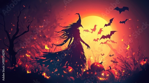 A witch stands amidst pumpkins and bats against a fiery sunset, embodying Halloween spirit.