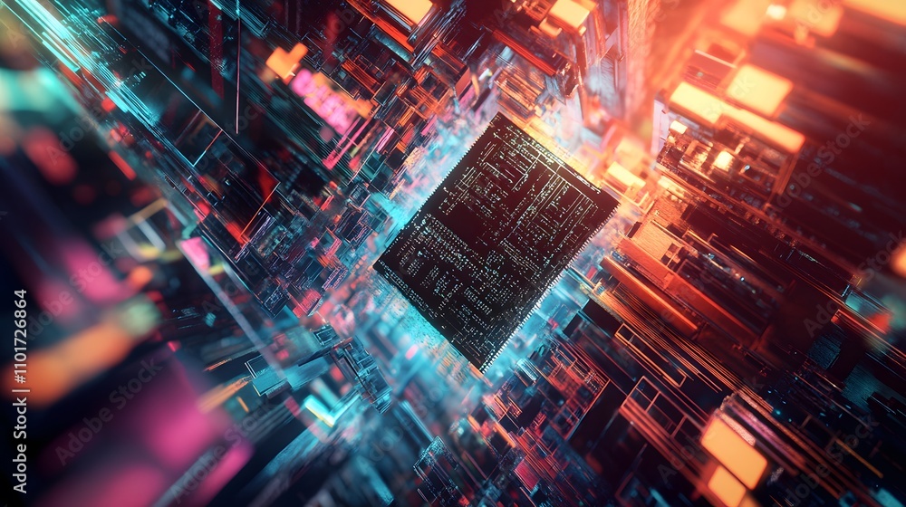 Abstract digital chip in glowing neon circuit. Abstract digital chip in glowing neon circuit.