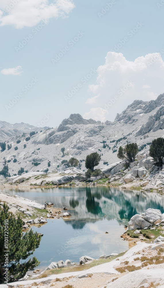 Obraz premium A serene lake embraced by majestic mountains, reflecting peaks on its calm surface