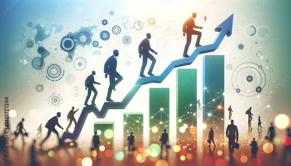 Fototapeta premium Flat Abstract Community Figures ESG Growth Graph Climb Silhouettes Bokeh Effect Business Concept