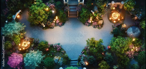 Aerial view of a serene garden at night, illuminated with soft lights. Lush greenery, stone pathways, and tranquil water features create a magical atmosphere.