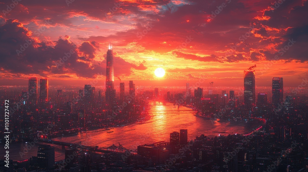 Fiery sunset over a sprawling cityscape with a river. Fiery sunset over a sprawling cityscape with a river.