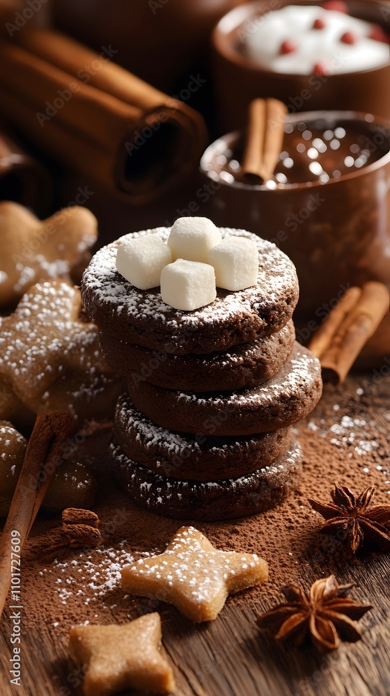 Delicious chocolate cookies stacked with cinnamon sticks and festive decor. Delicious chocolate cookies stacked with cinnamon sticks and festive decor.