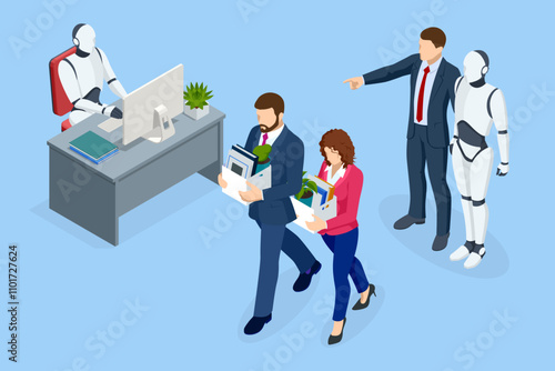 Isometric AI and robotics have replaced humans in workplaces, causing job losses and rising unemployment, particularly among business professionals. IT team of future. Futuristic worker.