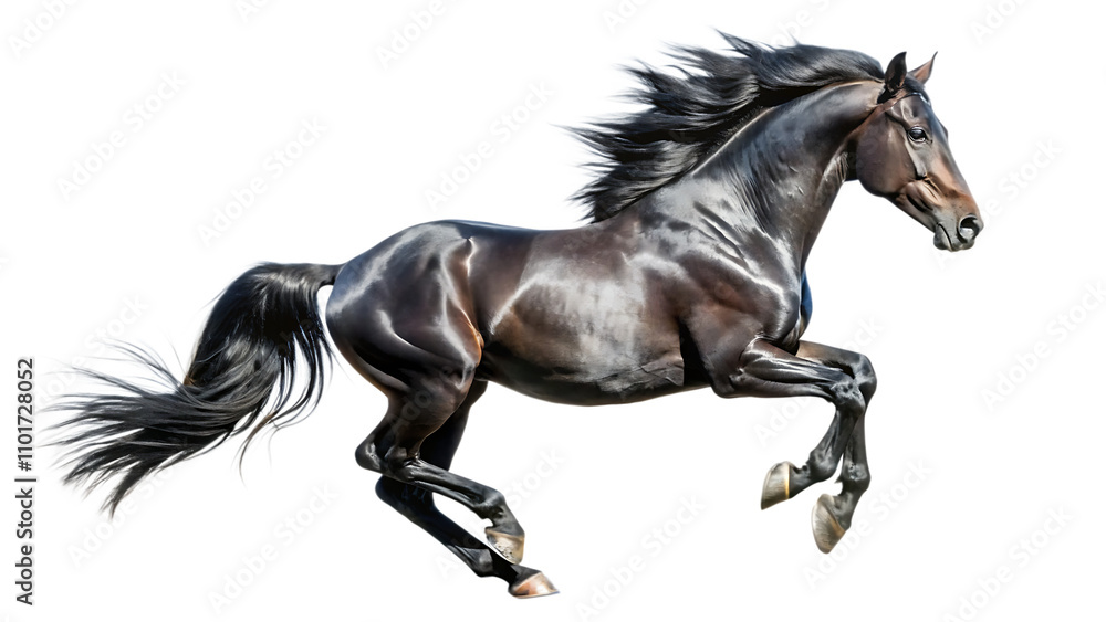 Handsome black stallion galloping, jumping. isolated on white background as transparent. PNG. AI GENERATED. Handsome black stallion galloping, jumping. isolated on white background as transparent. PNG. AI GENERATED.