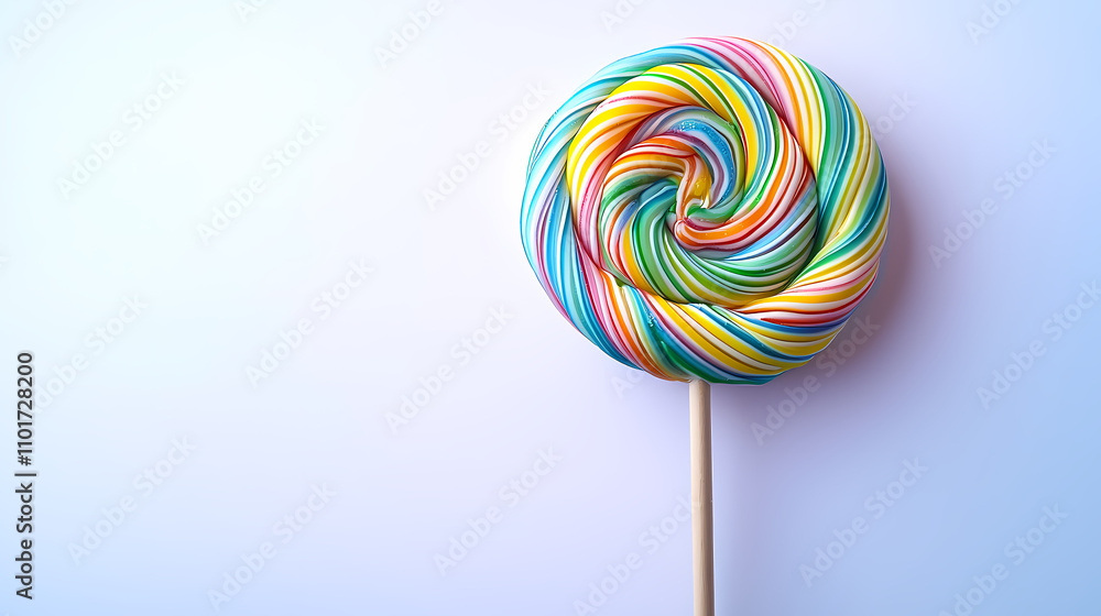 A colorful lollipop swirl with a wooden stick A colorful lollipop swirl with a wooden stick
