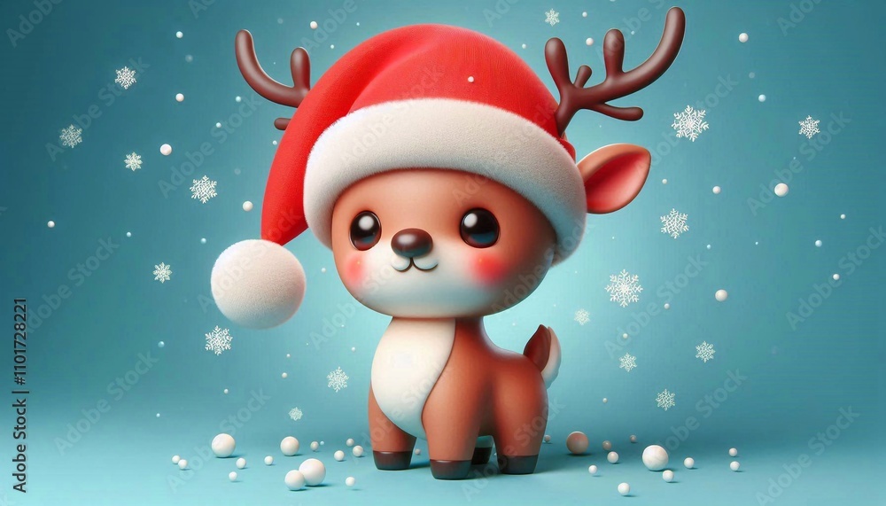 Cute reindeer in Santa hat. 3D design, festive Christmas theme Cute reindeer in Santa hat. 3D design, festive Christmas theme