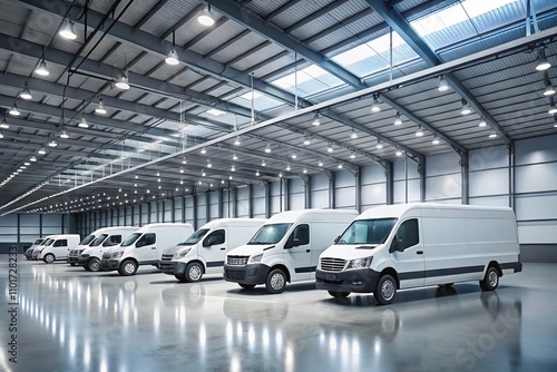 Fleet of White Delivery Vehicles Parked in a Spacious Warehouse Ready for Distribution with Clean Background and Copy Space for Business Use or Advertising Purposes