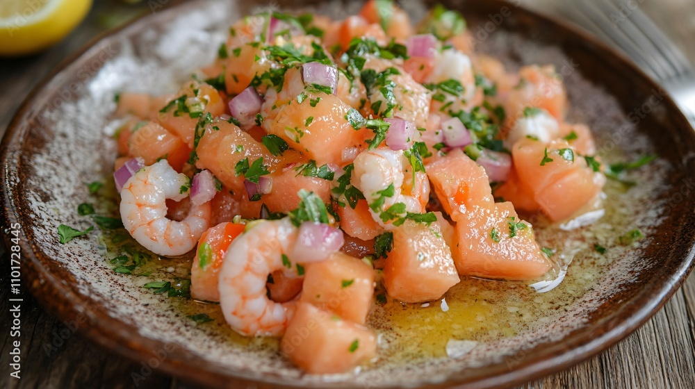 Muskmelon and shrimp salad served on a rustic plate with a drizzle of lemon vinaigrette Muskmelon and shrimp salad served on a rustic plate with a drizzle of lemon vinaigrette