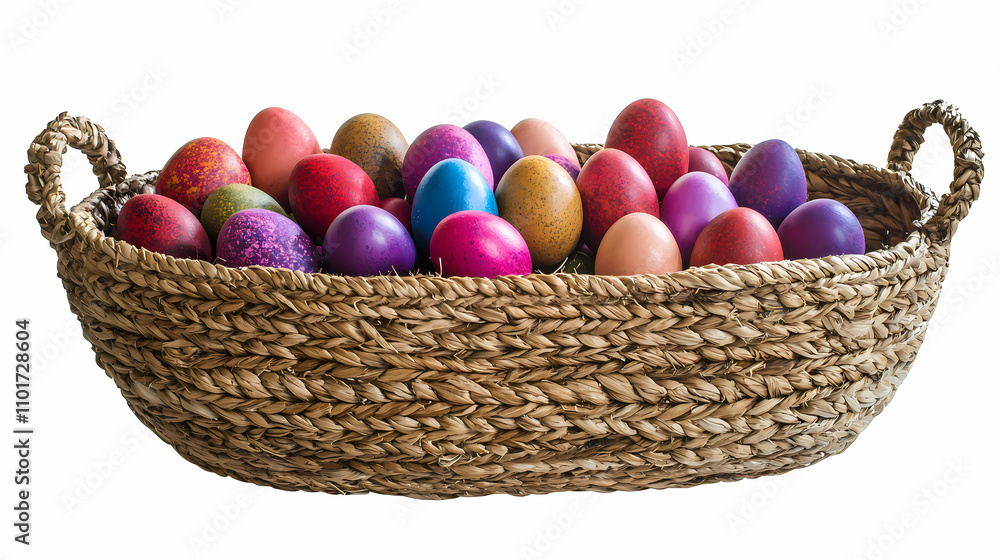 A handwoven basket filled with multicolored Easter eggs, isolated on white background A handwoven basket filled with multicolored Easter eggs, isolated on white background
