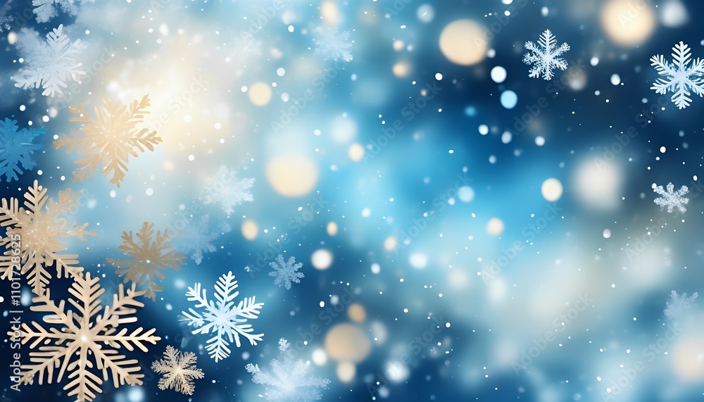 Snowflakes sparkle in a blue sky with bokeh effect Snowflakes sparkle in a blue sky with bokeh effect
