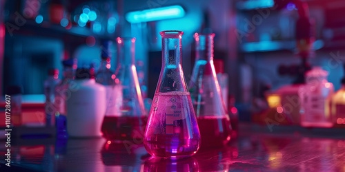 Flasks with liquid on a lab bench in a dim room with blue and red lighting.