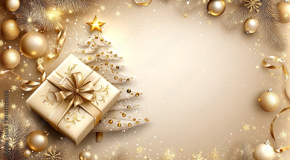 Luxurious Christmas gift wrapped in gold ribbon surrounded by golden ornaments and confetti, featuring a tree silhouette. Perfect for festive celebrations and holiday elegance Luxurious Christmas gift wrapped in gold ribbon surrounded by golden ornaments and confetti, featuring a tree silhouette. Perfect for festive celebrations and holiday elegance