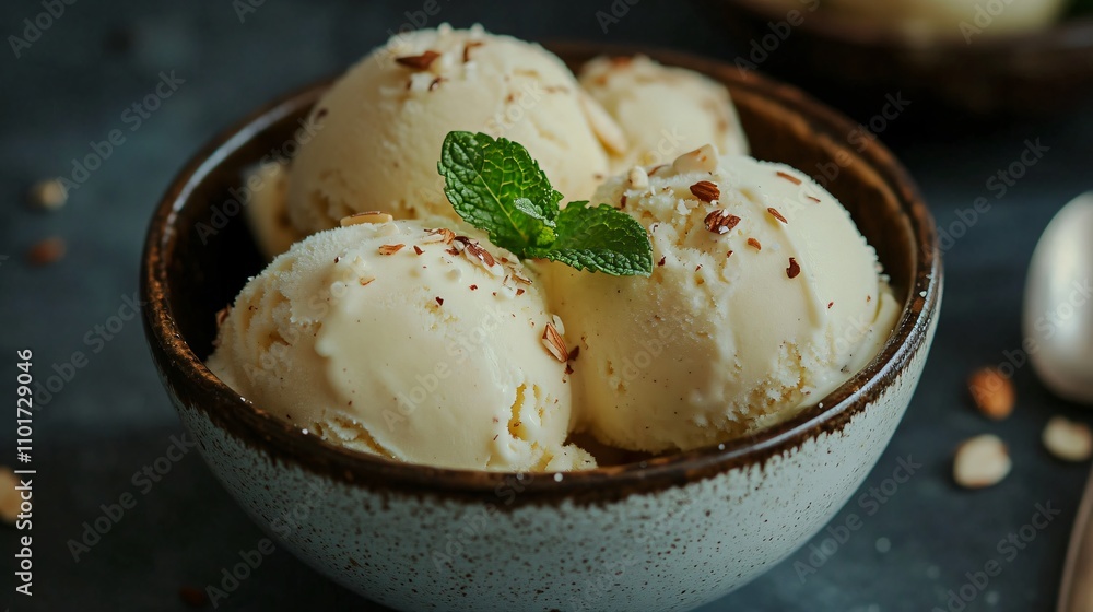 Muskmelon ice cream scoops in a rustic ceramic bowl, garnished with mint leaves and crushed almonds Muskmelon ice cream scoops in a rustic ceramic bowl, garnished with mint leaves and crushed almonds
