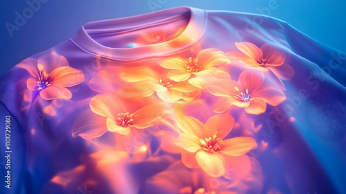 Close-up of a shirt with a floral print, glowing orange flowers on a purple background.