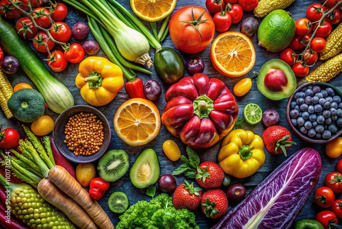 Fresh and Vibrant Fruits and Vegetables on Dark Background: A Stunning Top View for Healthy Eating Concept and Culinary Inspiration