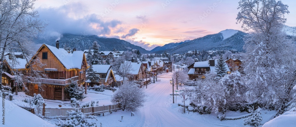 Idyllic Winter Village Landscape at Dusk with Snow-Covered Homes and Majestic Mountains in the Background Under a Beautifully Colored Sky Idyllic Winter Village Landscape at Dusk with Snow-Covered Homes and Majestic Mountains in the Background Under a Beautifully Colored Sky