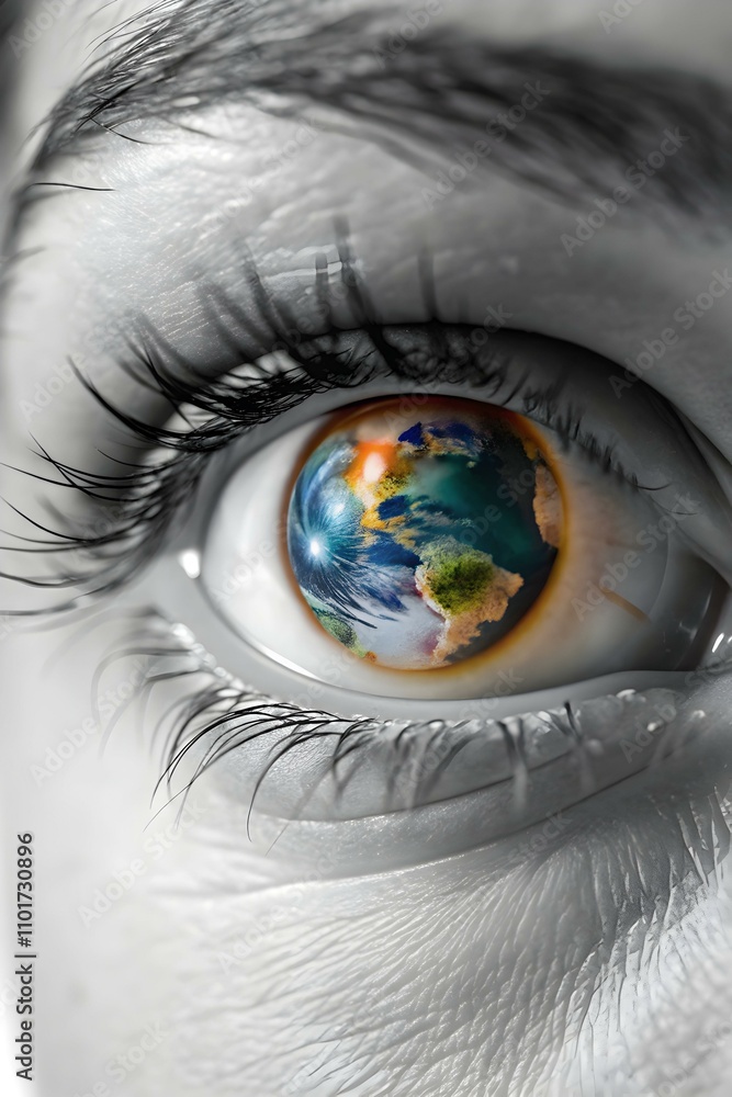 Naklejka premium Macro Eye Shot with Digital Globe Reflection Symbolizing Global Connectivity