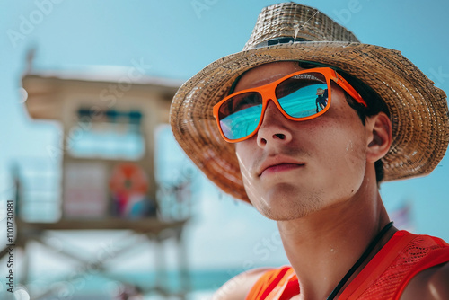 Generative AI Image of Lifeguard on Duty with Lifebuoy on Ocean Beach photo