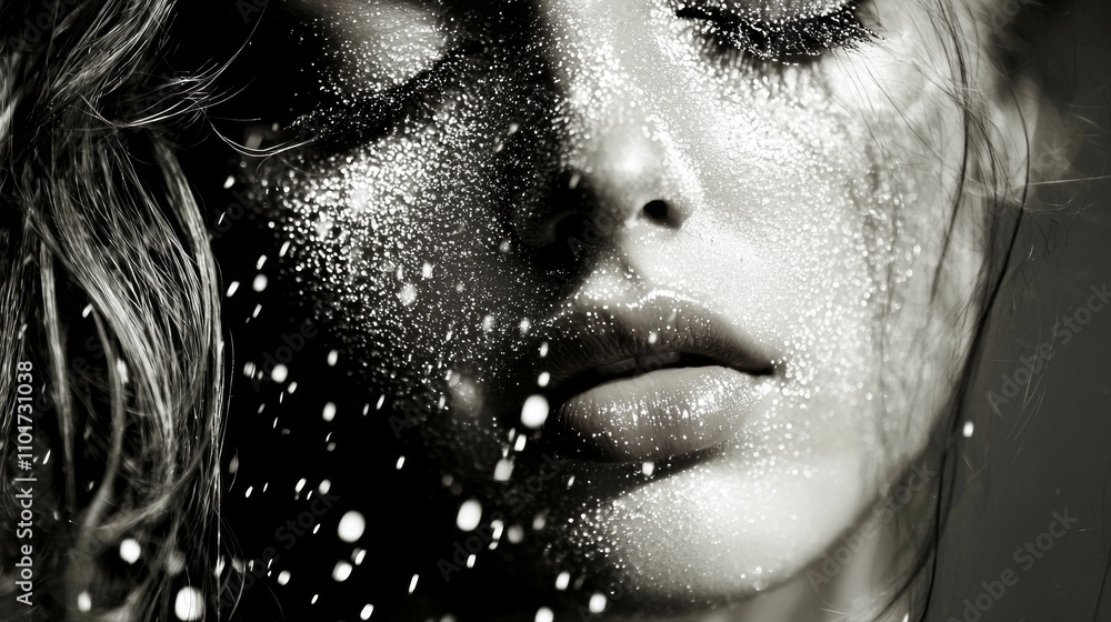 Fototapeta premium Artistic black and white portrait with water droplets and intense focus