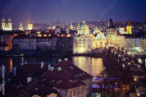 Panoramic view of Charles Bridge at night
