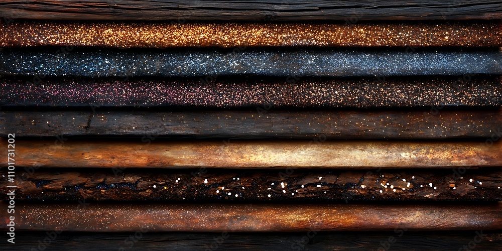 Stacked layers of dark brown wood with glittering textures. Stacked layers of dark brown wood with glittering textures.