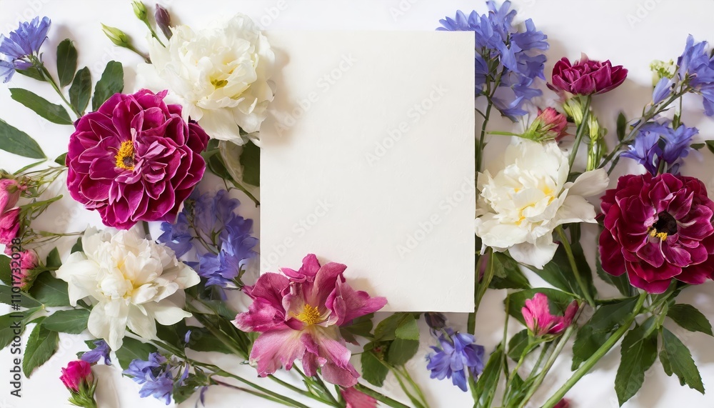 Elegant vertical top view blank card adorned with abstract organic flowers blooming floral arrangement set against a minimalist white background for creative and artistic designs. Elegant vertical top view blank card adorned with abstract organic flowers blooming floral arrangement set against a minimalist white background for creative and artistic designs.