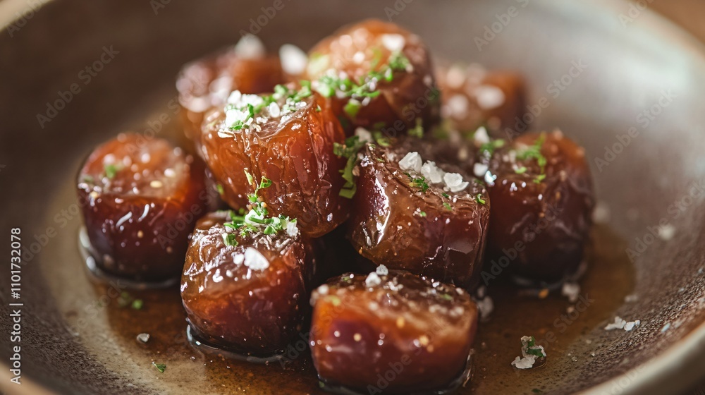 A close up of caramelized fresh dates, styled with sea salt and served on a rustic ceramic plate A close up of caramelized fresh dates, styled with sea salt and served on a rustic ceramic plate