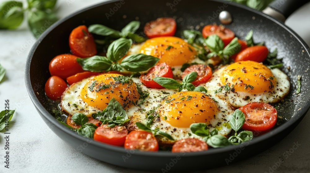 Four fried eggs with cherry tomatoes and basil in a pan. Four fried eggs with cherry tomatoes and basil in a pan.