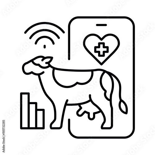 Cattle health monitoring black line icons set.