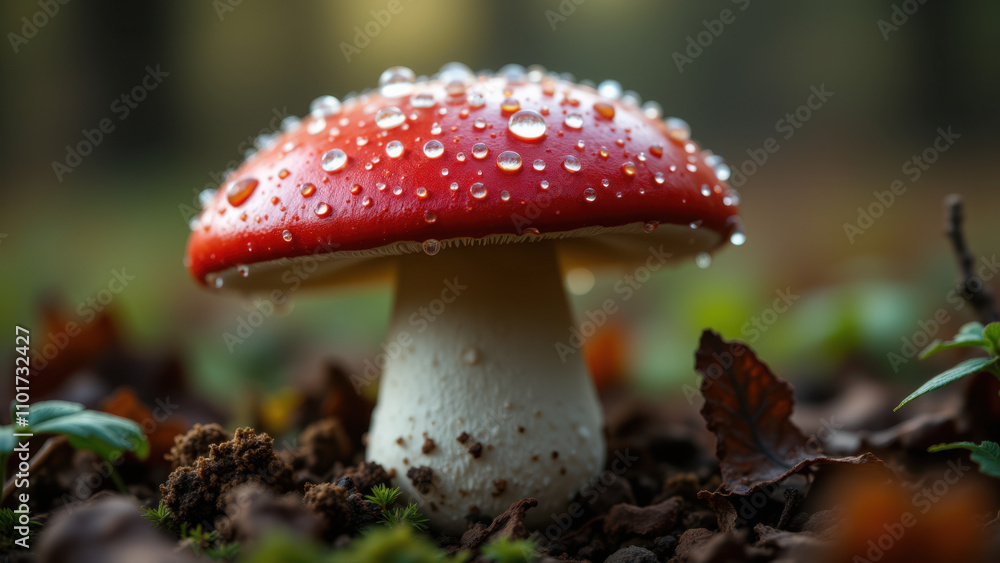 Close-up of a shiny red mushroom with dewdrops in its forest habitat. Close-up of a shiny red mushroom with dewdrops in its forest habitat.