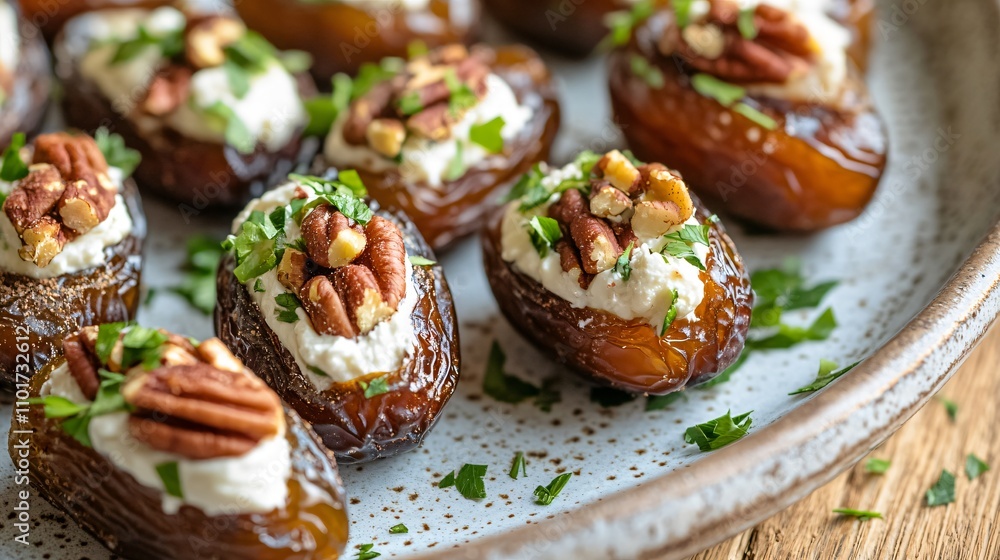 A close up of stuffed fresh dates with cream cheese and pecans, arranged on a rustic ceramic plate A close up of stuffed fresh dates with cream cheese and pecans, arranged on a rustic ceramic plate