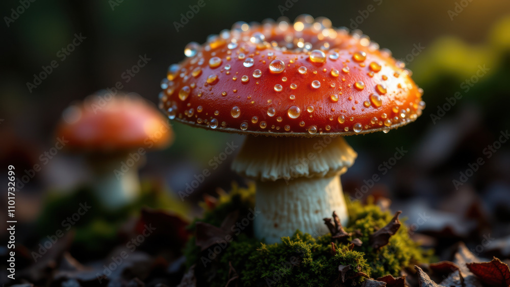 A close-up photo capturing the delicate dew drops on a mushroom cap. A close-up photo capturing the delicate dew drops on a mushroom cap.