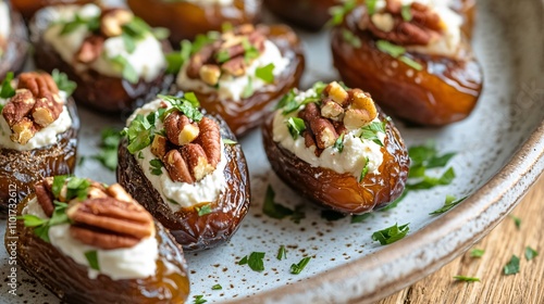 A close up of stuffed fresh dates with cream cheese and pecans, arranged on a rustic ceramic plate