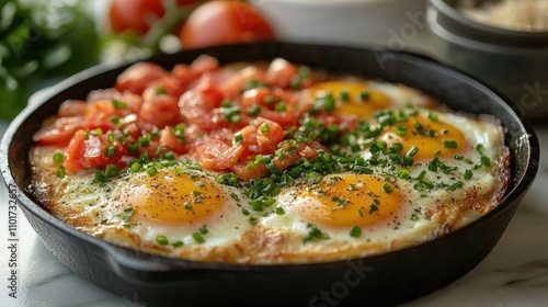 Four eggs baked in a cast iron skillet with diced tomatoes and chives.