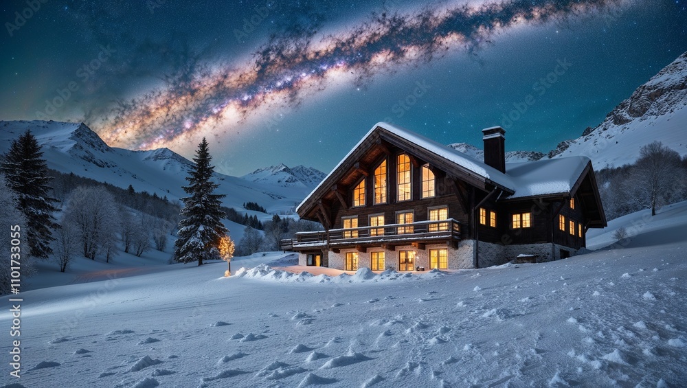 Winter cabin under starry sky and Milky Way in snowy landscape Winter cabin under starry sky and Milky Way in snowy landscape