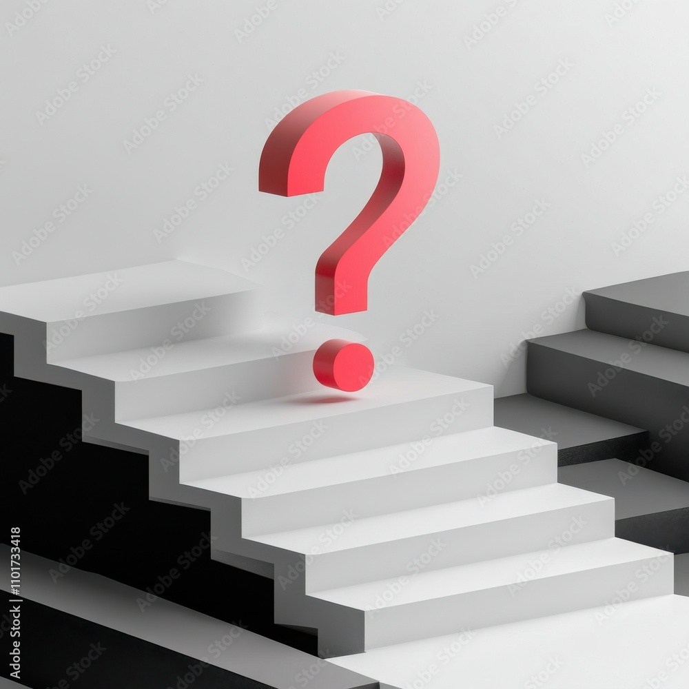 A striking 3D rendering of a large red question mark on white and black stepped platforms, symbolizing inquiry and curiosity. A striking 3D rendering of a large red question mark on white and black stepped platforms, symbolizing inquiry and curiosity.