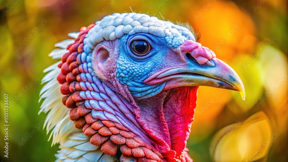 Close-Up of a White Broad Breasted Turkey with Prominent Snood, Caruncles, and Wattle in Detailed Focus Close-Up of a White Broad Breasted Turkey with Prominent Snood, Caruncles, and Wattle in Detailed Focus