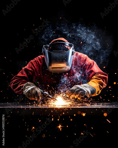 worker while doing a welding with arc welder welding or welding Sparks for background, Backdrop and manufacturing.