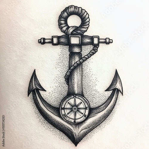 Detailed black and white tattoo design of an anchor intertwined with a compass, showcasing intricate shading. photo