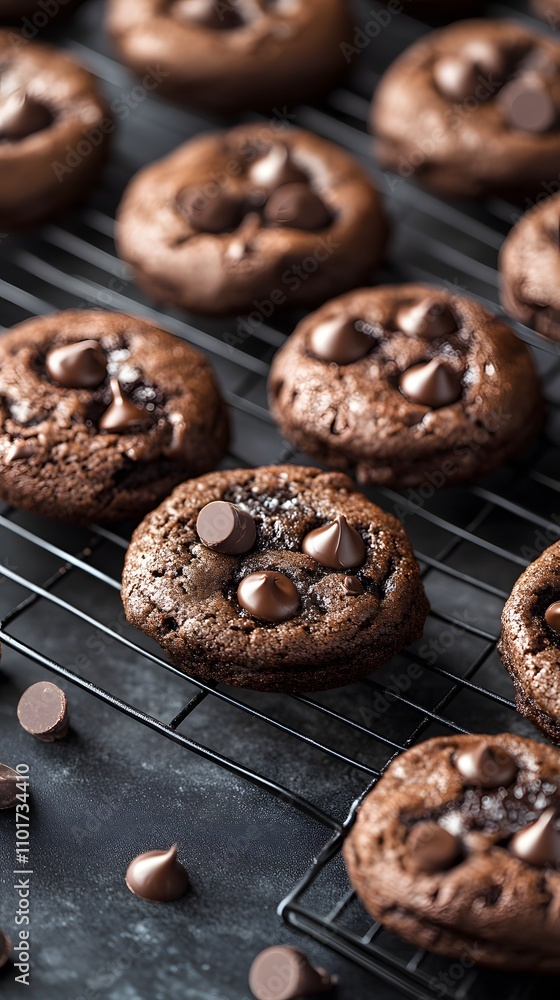 Delicious chocolate chip cookies cooling on a wire rack. Delicious chocolate chip cookies cooling on a wire rack.