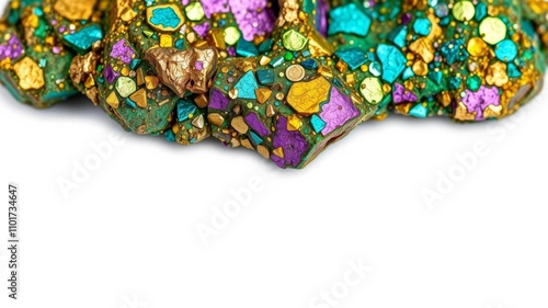 Macro photo of Peacock ore (Chalcopyrite) from Mexico on white background, showcasing vibrant metallic colors, perfect for geology or mining concepts,  geology,  acid treated,  copy space photo