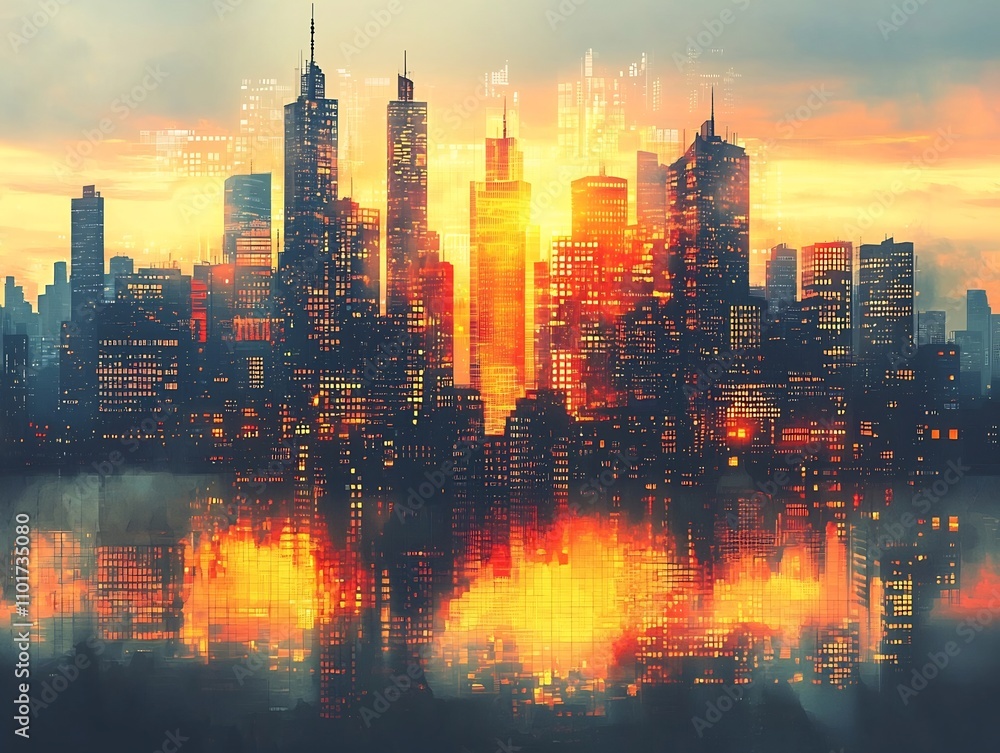 Obraz premium Digitally Rendered Cityscape Reflecting Financial Data and Business Growth