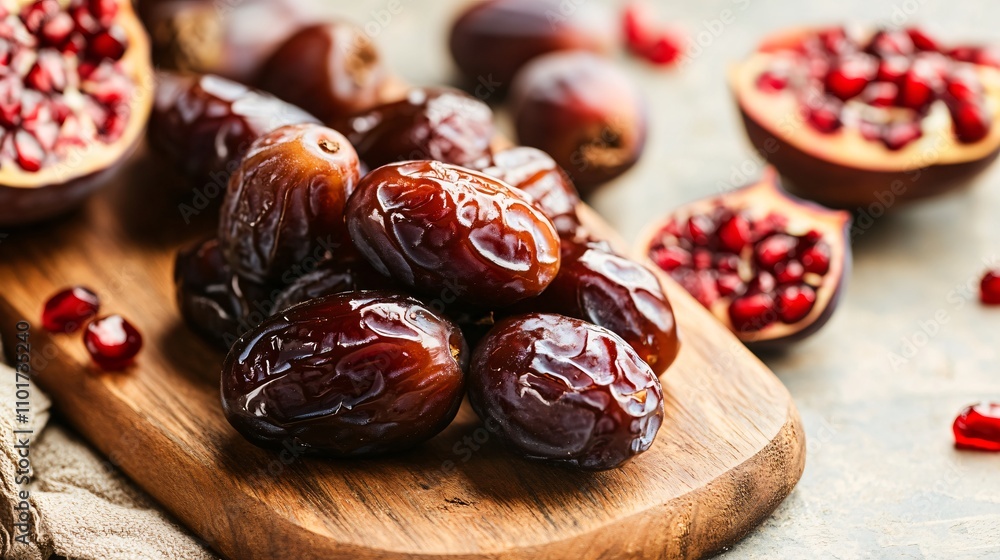Fresh dates arranged with figs and pomegranates on a rustic wooden board, with soft shadows and natural lighting Fresh dates arranged with figs and pomegranates on a rustic wooden board, with soft shadows and natural lighting