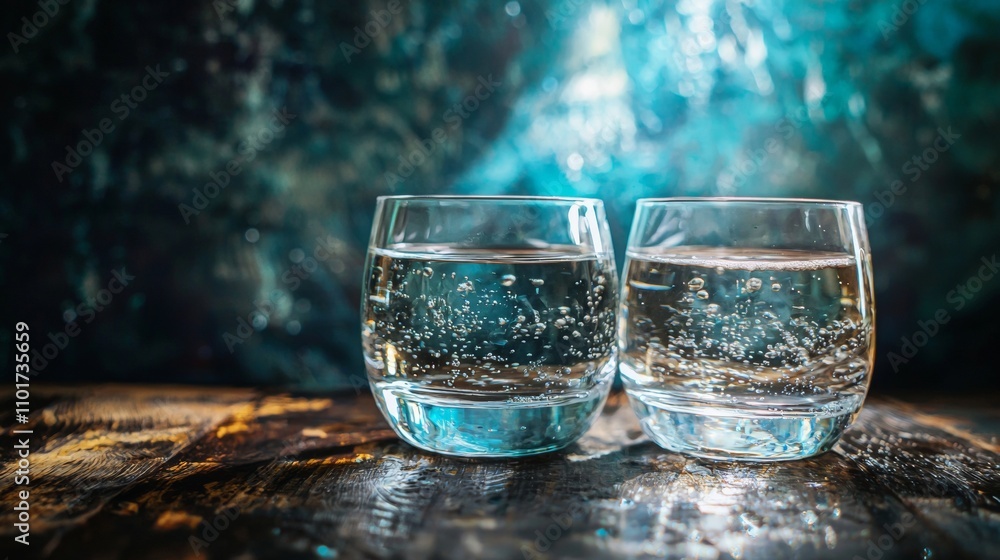 Two sparkling glasses of water with bubbles on a rustic surface Two sparkling glasses of water with bubbles on a rustic surface