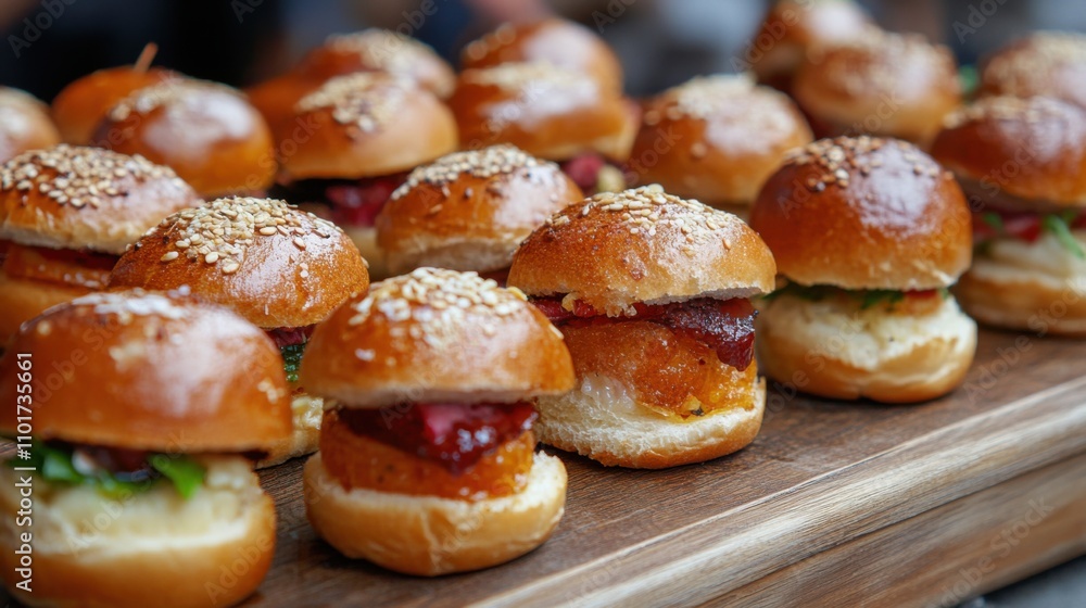 Assortment of Delicious Mini Burgers Presented on a Wooden Platter for an Elegant Food Event, Showcasing Savory Ingredients and Freshness Assortment of Delicious Mini Burgers Presented on a Wooden Platter for an Elegant Food Event, Showcasing Savory Ingredients and Freshness