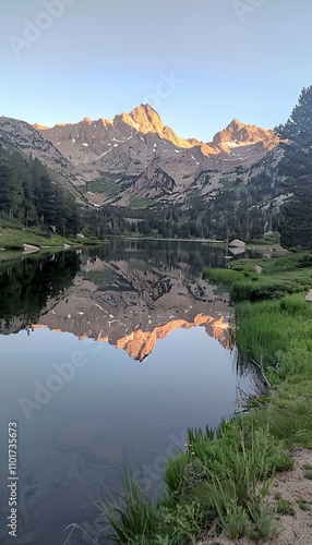 Serene lake enclosed by majestic mountains with shimmering reflections on calm water surface