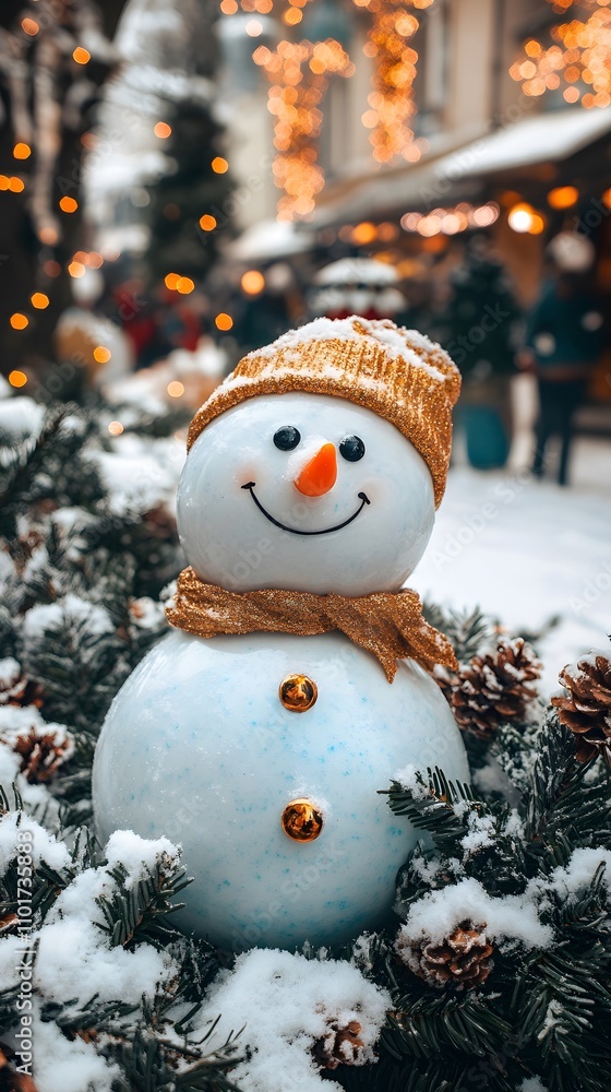 Fototapeta premium Cheerful snowman wearing a gold hat amidst snow-covered winter decor.